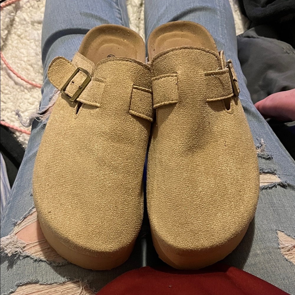 Tan Suede Buckle Clogs